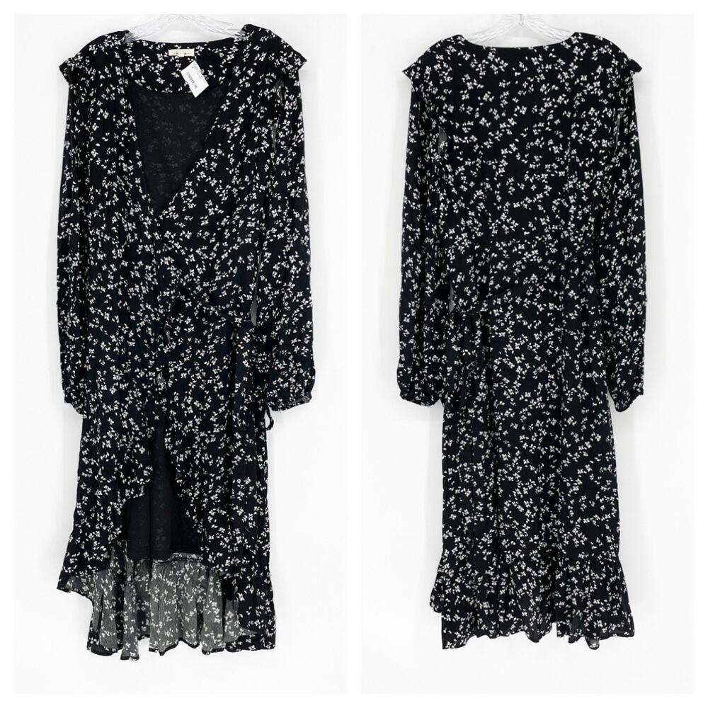 In Loom Black Floral Ruffle Wrap Dress Size Large